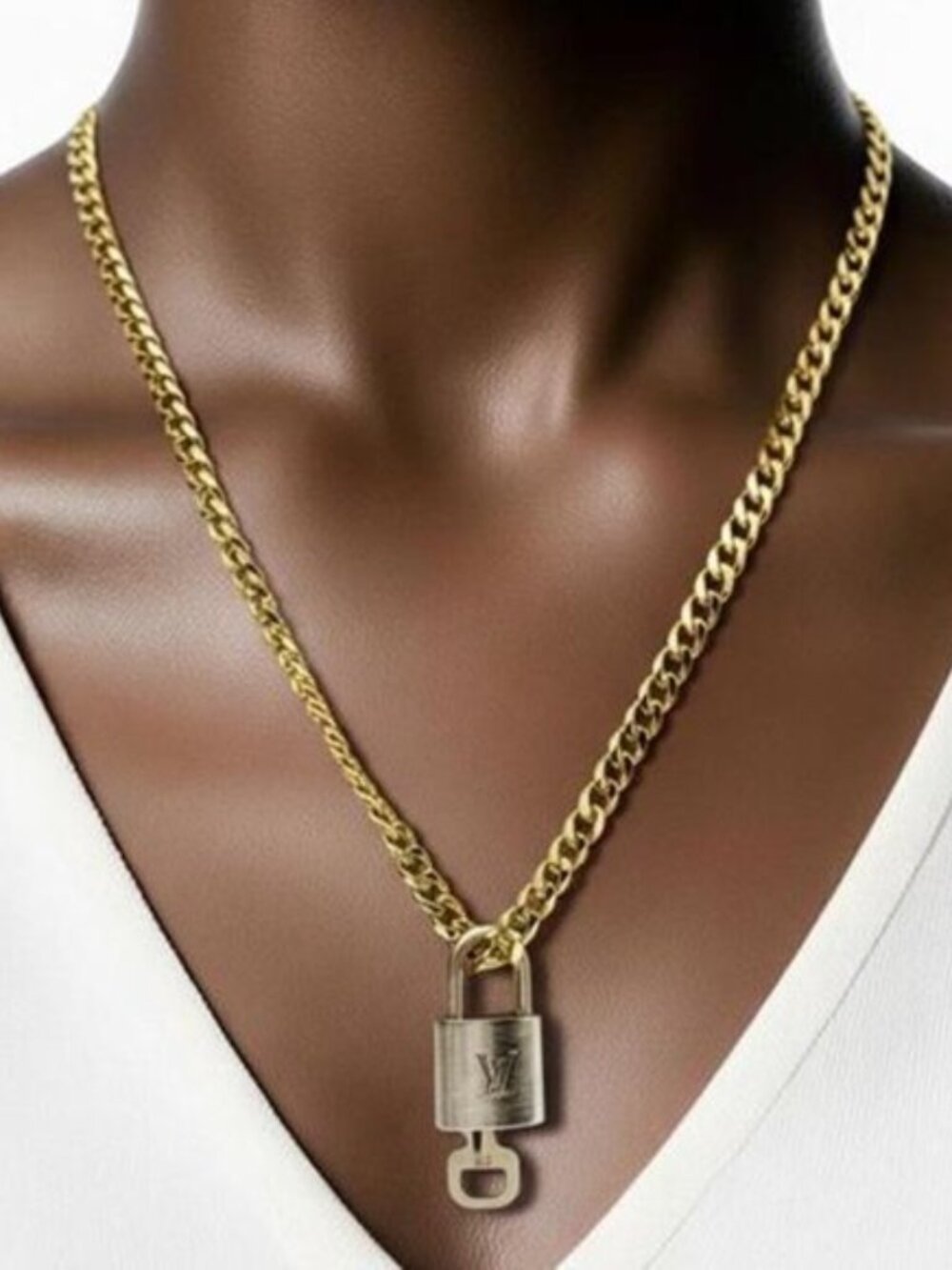 Stainless Steel Gold-Plated Necklace with Authentic Louis Vuitton Padlock